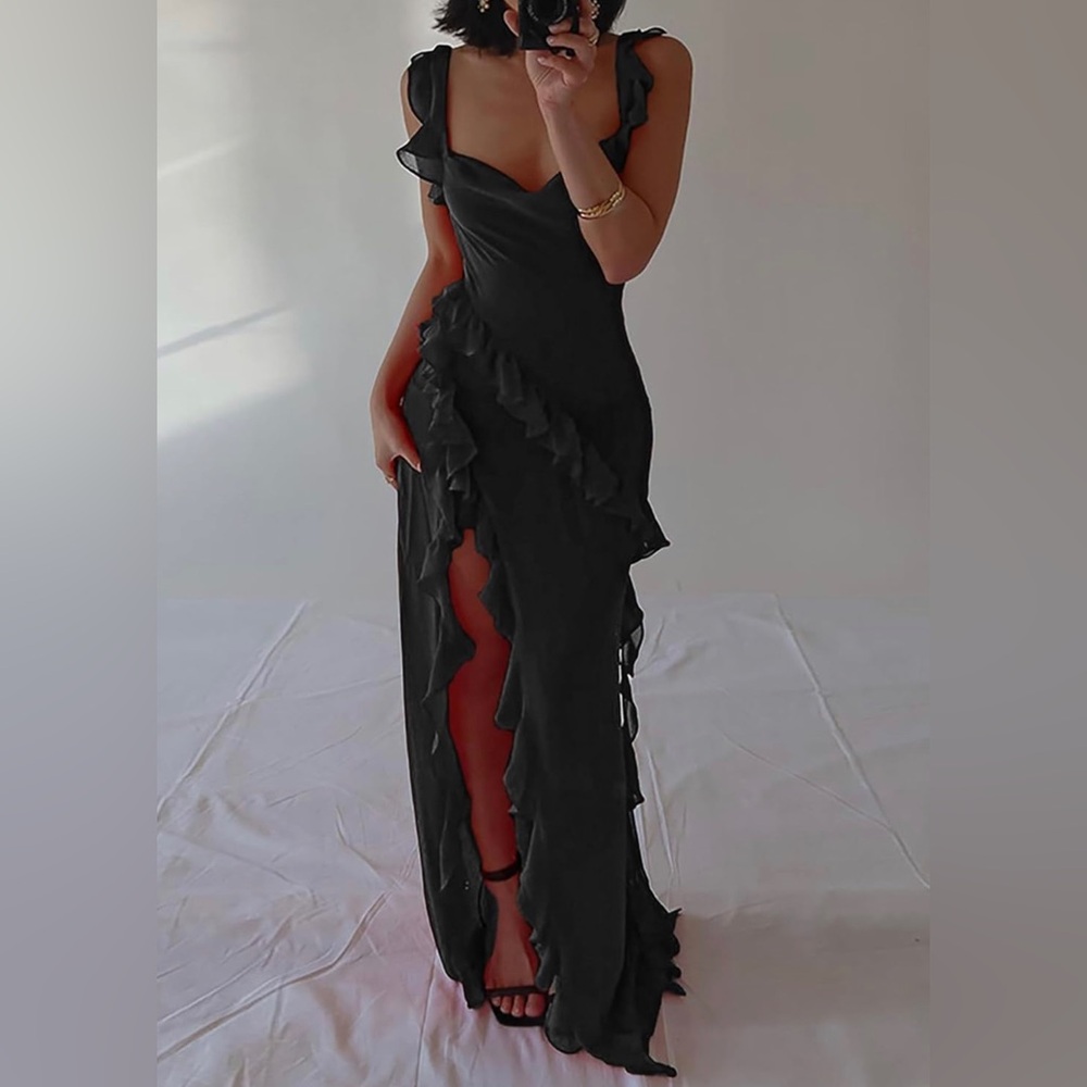 Black Formal Spaghetti Strap Dress with High Slit